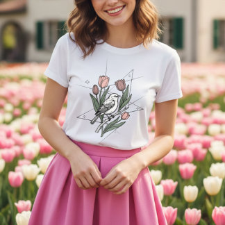 Camiseta Triblenda Pájaro con flor de Tulipán Floral Botánico Minimal