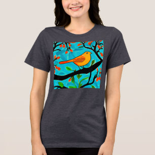 Camiseta Triblenda Pájaro pequeño Naranja en una rama florida