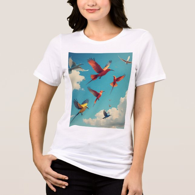 Camiseta Triblenda Pájaros coloridos en un cielo azul (Anverso)