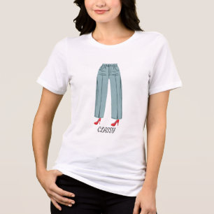 Camiseta Triblenda Pantalones Vaqueros de Tacones Rojos Elegantes Muj