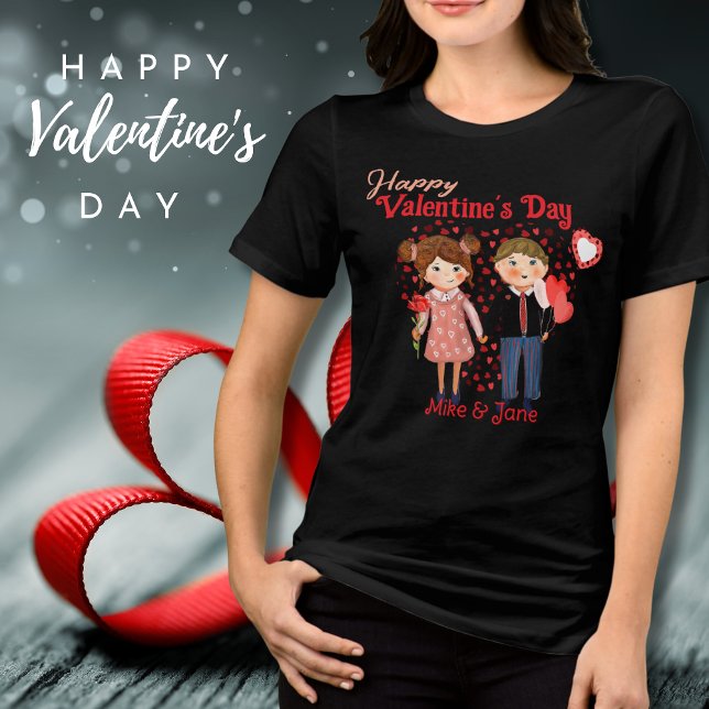 Camiseta Triblenda Pareja Cute Feliz San Valentín Camiseta Negra (Cute Couple Happy Valentine Black T-Shirt Tri-Blend Shirt)