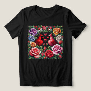 Camiseta Triblenda Pareja de cardenales entre vibrantes Rosas