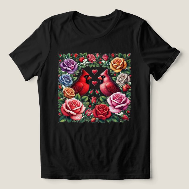 Camiseta Triblenda Pareja de cardenales entre vibrantes Rosas (Diseño delantero )