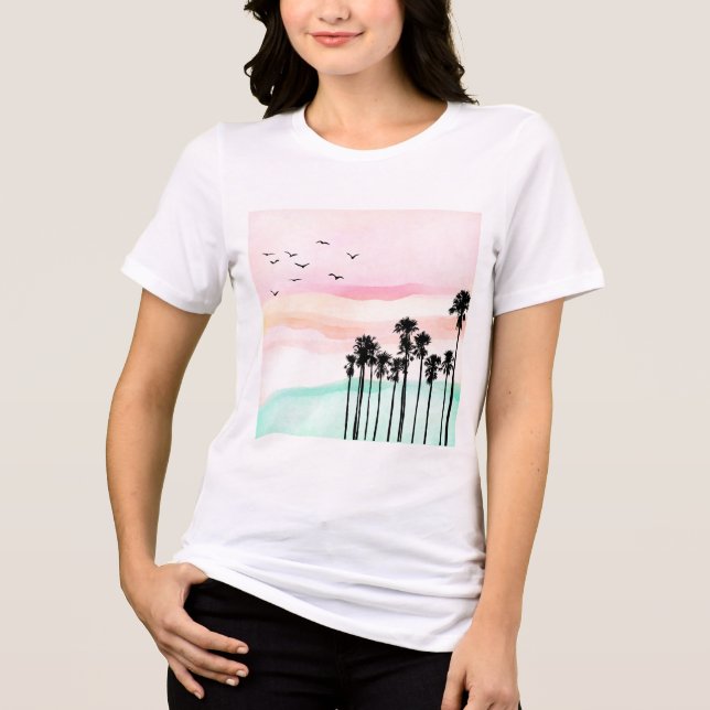 Camiseta Triblenda Pastel Sunset con Palmeras - Tranquilo Tropical (Anverso)