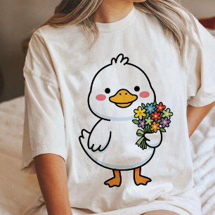 Camiseta Triblenda Pato Adorable Sosteniendo Ramo de Flores Kawaii