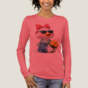 Camiseta Triblenda Pato Chic con Flores y Gafas de Sol Cute Manga Lar