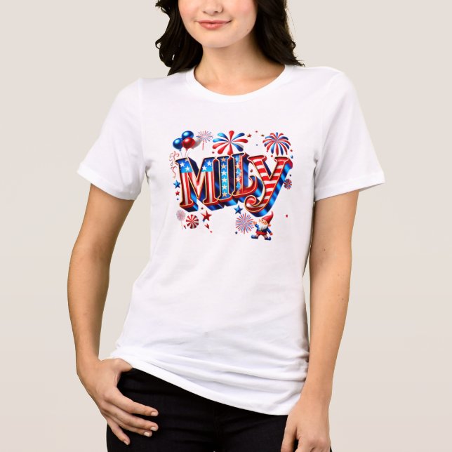 Camiseta Triblenda Patriótico caprichoso "MILEY" Nombre Arte con Gnom (Anverso)