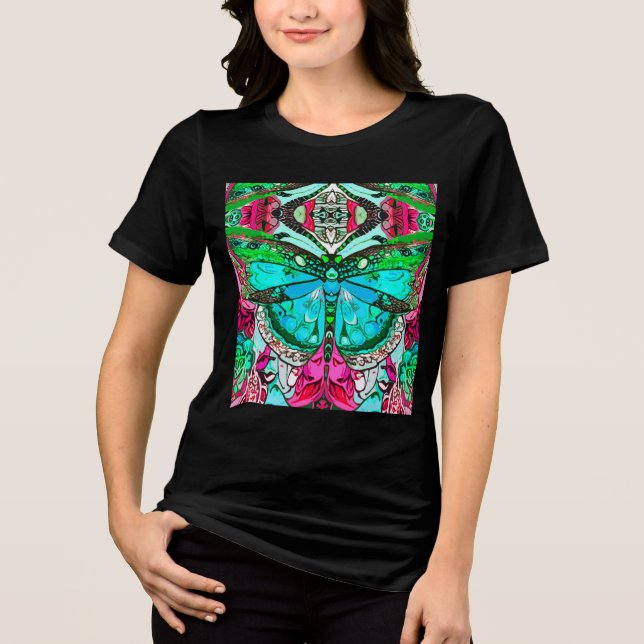 Camiseta Triblenda Patrón de batik de mariposa y medallón en turquesa (Anverso)