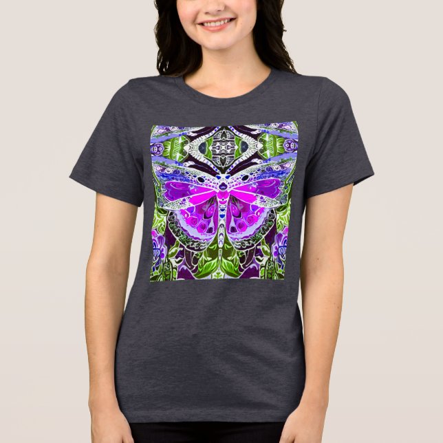 Camiseta Triblenda Patrón de batik de mariposa y medallón en violeta (Anverso)