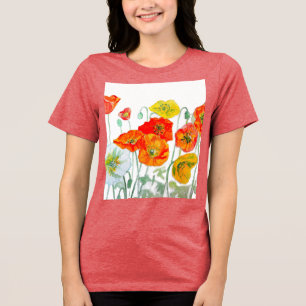 Camiseta Triblenda Patrón de flor de amapola roja naranja acuarela