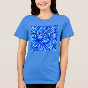 Camiseta Triblenda Patrón de flores peony gigantes en azul índigo