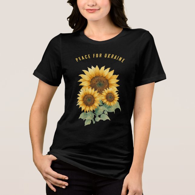 Camiseta Triblenda Paz para Ucrania. Símbolo de la paz girasoles. (Anverso)