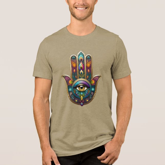 Camiseta Triblenda Peacock Colors Hamsa w/ Gold Third Eye (Anverso)