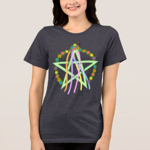 Camiseta Triblenda Pentagrama de Beltane con cintas y flores pastel