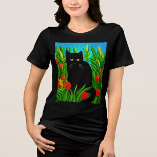 Camiseta Triblenda Pequeño gato negro en un jardín de tulipanes
