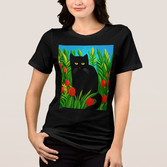 Camiseta Triblenda Pequeño gato negro en un jardín de tulipanes (Anverso)