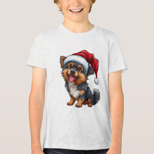 Camiseta Triblenda Perrito Adorable con Gorro de Santa Celebrando la