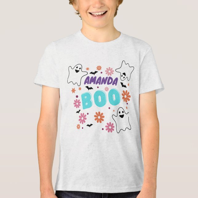 Camiseta Triblenda Personalizable Retro Boo Halloween Diseño Floral (Anverso)