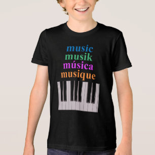 Camiseta Triblenda Piano Keyboard Music Text en varios idiomas