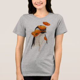 Camiseta Triblenda Pingüino con flores de amapola naranja Arte botáni