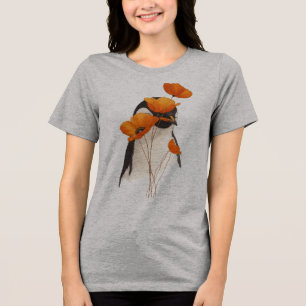 Camiseta Triblenda Pingüino con flores de amapola naranja Arte botáni