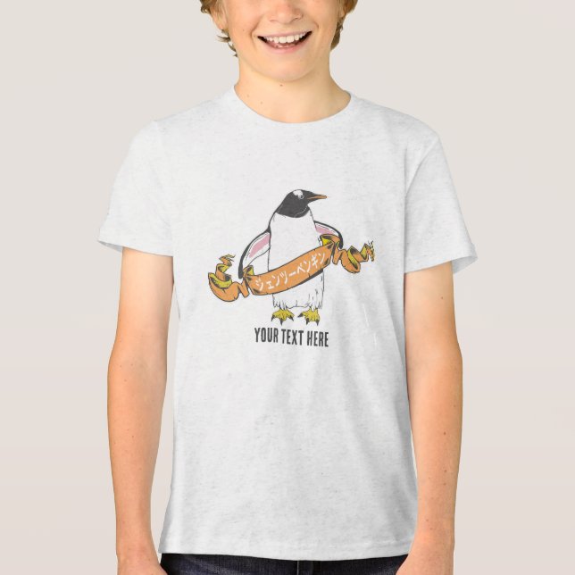 Camiseta Triblenda Pingüino Gentoo en japonés escribiendo kanji (Anverso)