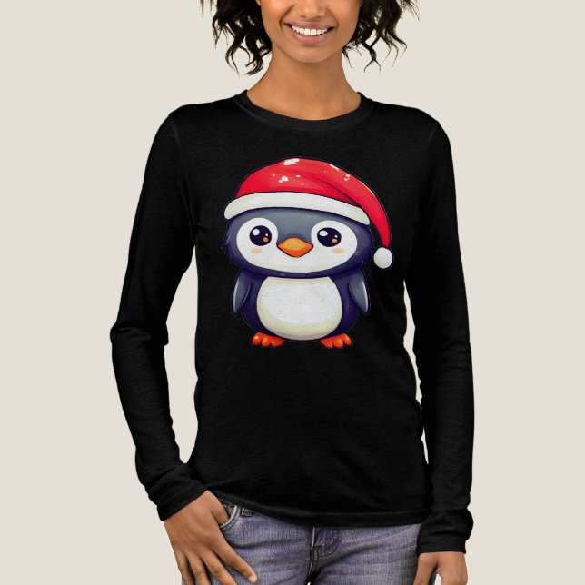 Camiseta Triblenda Pingüino Kawaii usando un acogedor Sombrero Santa  (Anverso)