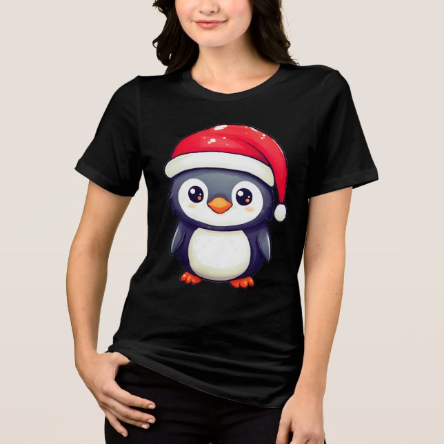 Camiseta Triblenda Pingüino Kawaii usando un acogedor Sombrero Santa  (Anverso)