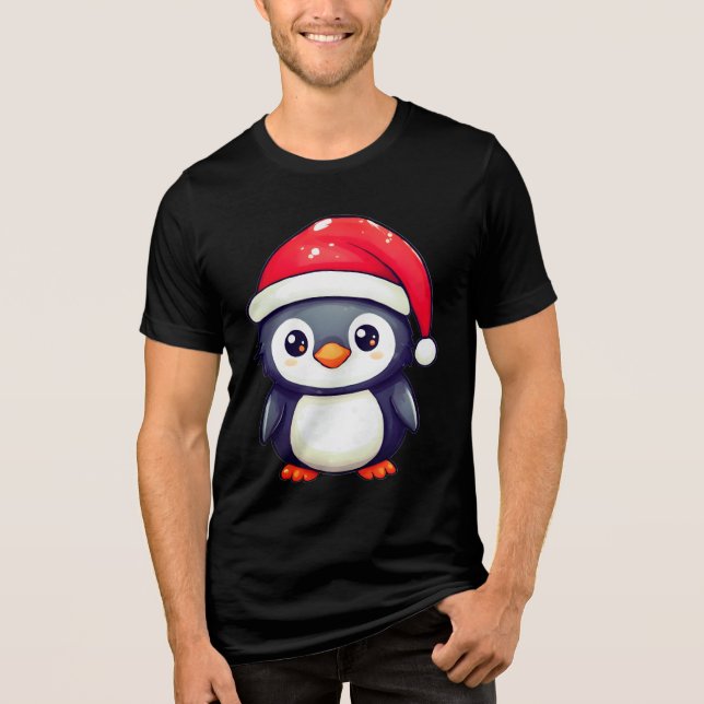 Camiseta Triblenda Pingüino Kawaii usando un acogedor Sombrero Santa  (Anverso)