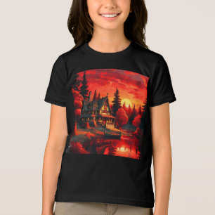 Camiseta Triblenda Pintura de atardecer con cabaña y lago-66633