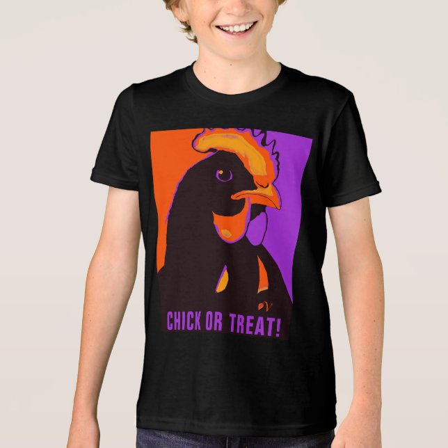 Camiseta Triblenda Pollito o truco de Halloween Pop Art Pollo (Anverso)