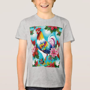 Camiseta Triblenda Pollos Y Poinsettias De Navidades Coloridos