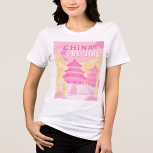 Camiseta Triblenda Póster de viaje a Pekín, China Arte rosa y amari