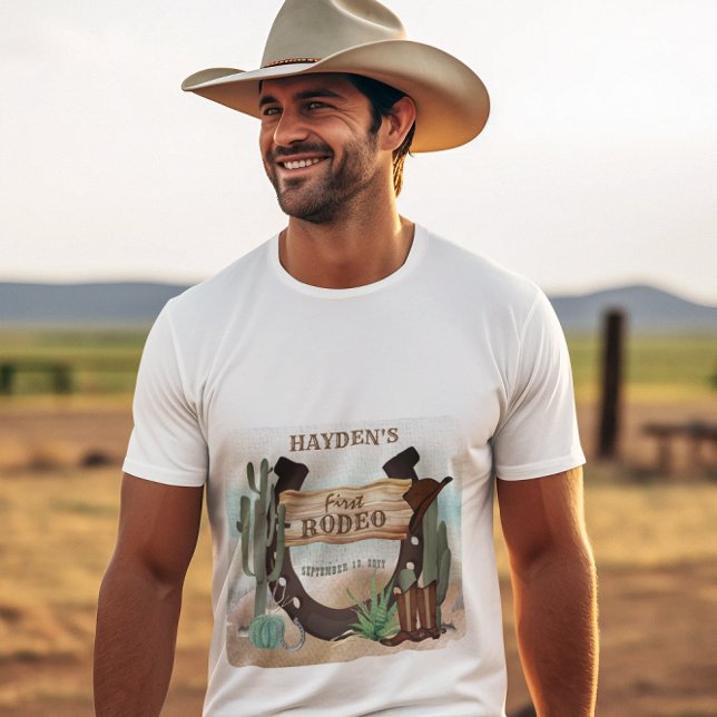 Camiseta Triblenda Primer Rodeo Cowboy Fiesta Occidental Primer Cumpl (Boy's Rustic Western "First Rodeo" 1st Birthday Party T-Shirt for Dad | Men)