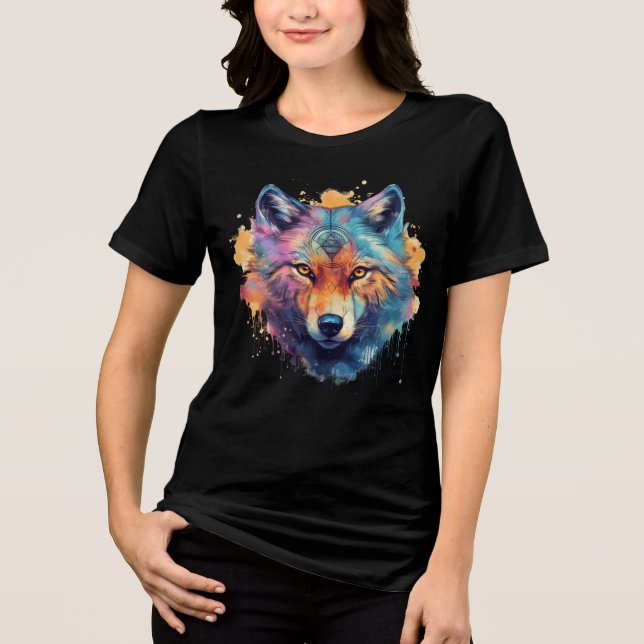 Camiseta Triblenda Psychedelic Wolf – Rainbow Spirit Animal Art (Anverso)
