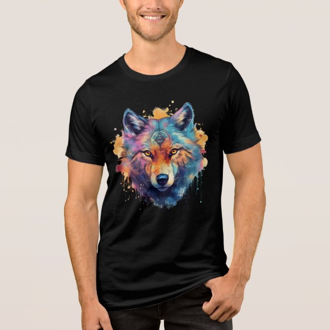 Camiseta Triblenda Psychedelic Wolf – Rainbow Spirit Animal Art (Anverso)
