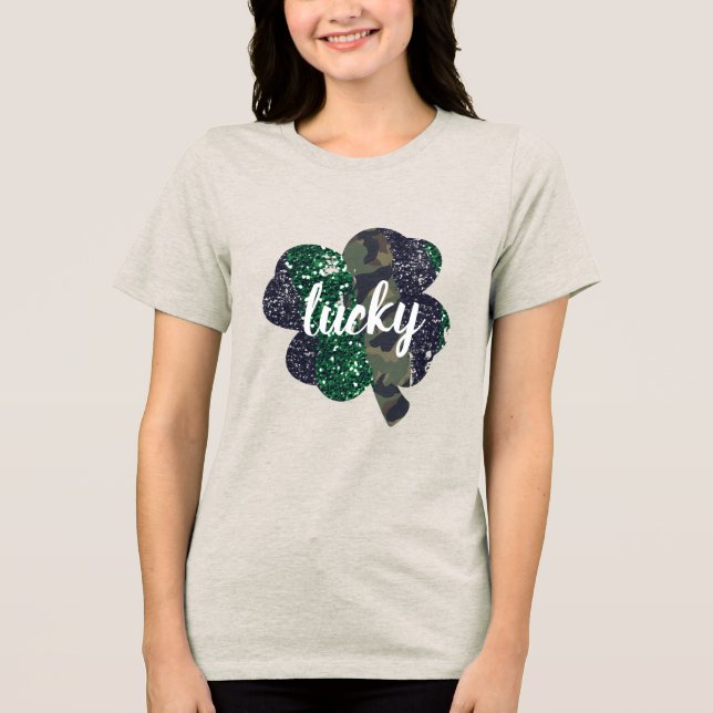 Camiseta Triblenda Purpurina afortunado y Camo Shamrock St. Patrick's (Anverso)