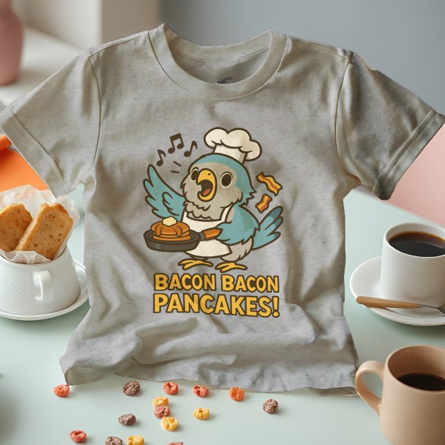 Camiseta Triblenda Quaker Parrot Chef Cantando Bacon Pancakes Diverti (Quaker Parrot breakfast chef & meme star! Birb shirt shows a Monk Parakeet singing Bacon Pancakes.)