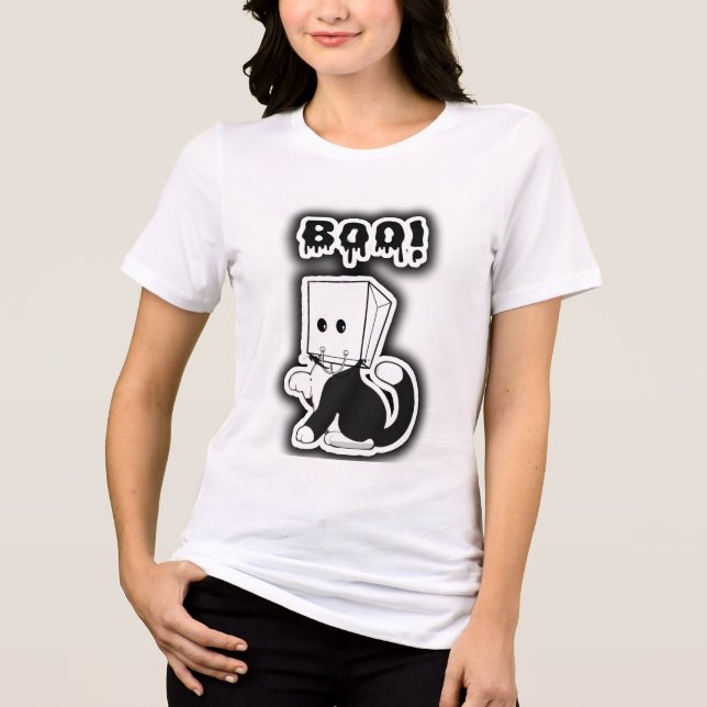 Camiseta Triblenda ¡Qué lindo "Boo!" Gato negro con máscara de bolsa  (Anverso)
