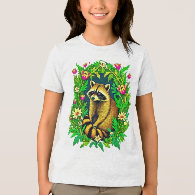 Camiseta Triblenda Raccoon en medio del Jardín de Flores Silvestres (Anverso)