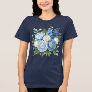 Camiseta Triblenda Ramo floral de peonía azul elegante diseño acuarel