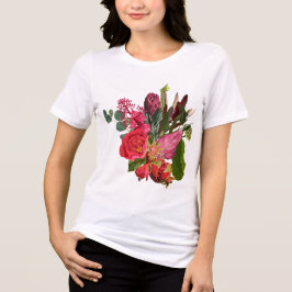 Camiseta Triblenda Ramo tropical con flores rojas.