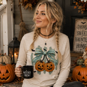 Camiseta Triblenda Rayas de menta y lazo con Jack-o-Lanterns Hallowee