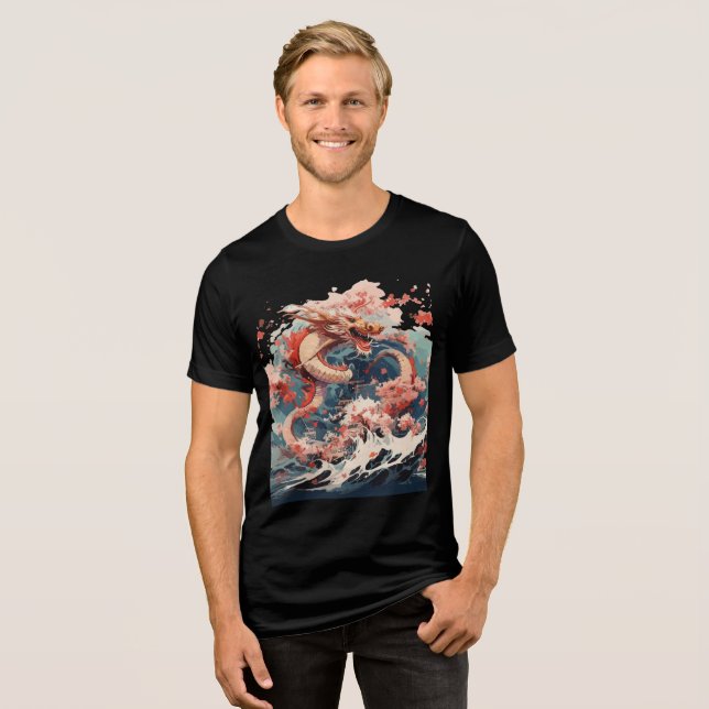 Camiseta Triblenda Red and Gold Dragon Over Stormy Sea (Anverso Completo)