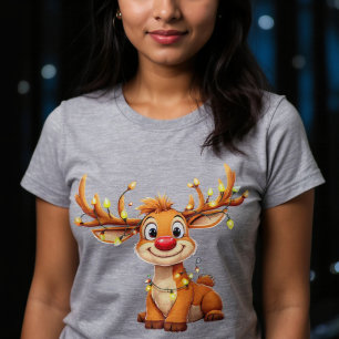 Camiseta Triblenda Reno de dibujos animados con nariz y luces rojas