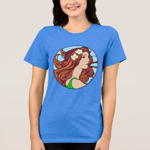 Camiseta Triblenda Retrato Art Nouveau de una mujer con pelo rojo