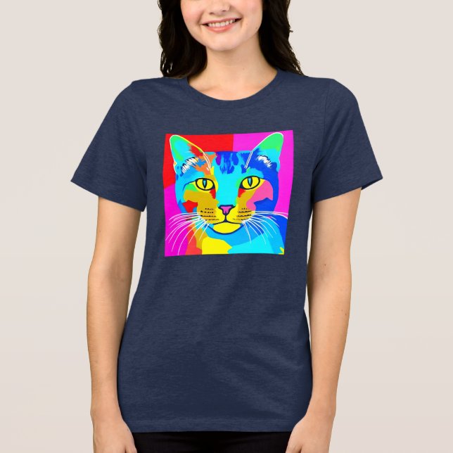 Camiseta Triblenda Retrato de gato de arte pop multicolor (Anverso)