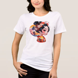 Camiseta Triblenda Retrato de Geisha Arte Japonés Floral Templo Atard