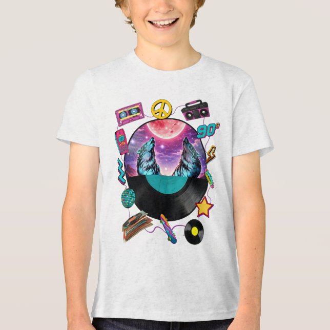 Camiseta Triblenda Retro 90s Midnight Wolf & Boombox Circular Collage (Anverso)