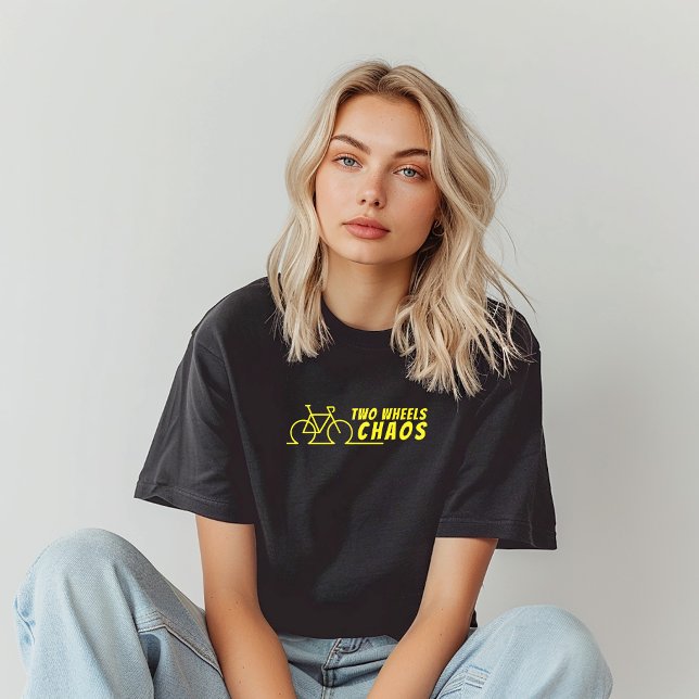 Camiseta Triblenda Retro bike Girl Irony black yellow (Retro bike Girl Irony Shirt. A fun retro bike graphic and the  saying "Two Wheels, Chaos".)